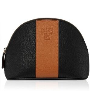 MCM Parfums Embossed Logo Clutch Cosmetic Pouch Bag Black & Tan Cognac NWT 8x6x3